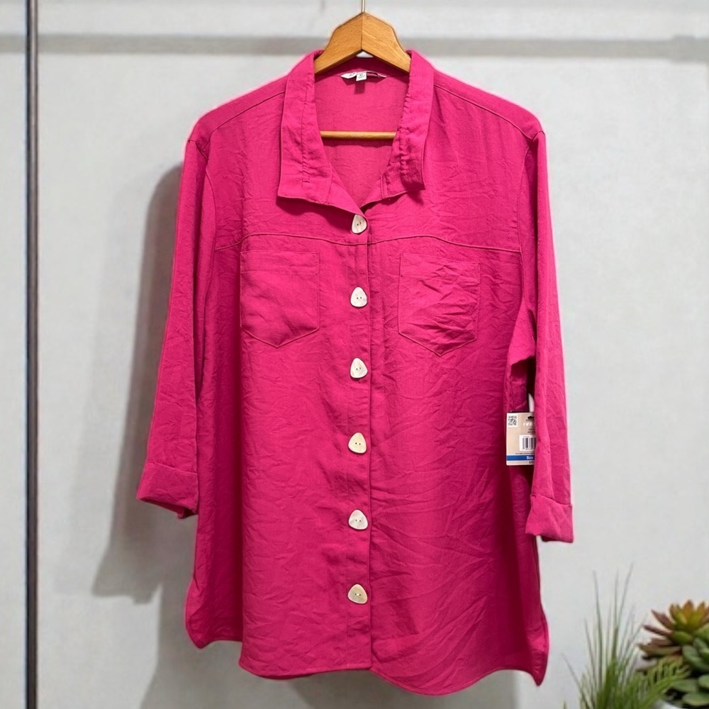 NWT John Mark 3/4 Sleeve Wire Collar Button Front Patch Pocket Camp Shirt Sz XL